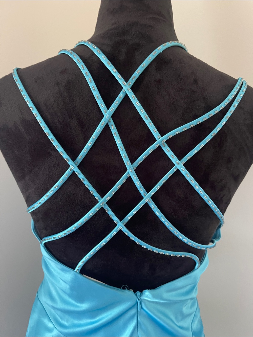 Turquoise Satin Dress with Embellished V-Neck and Criss-Cross Straps - Picture 4 of 6